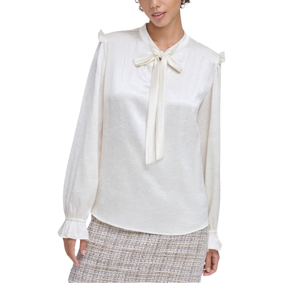 Calvin Klein Womens Textured Satin Tie Neck Ruffled Pullover Blouse, white, XL