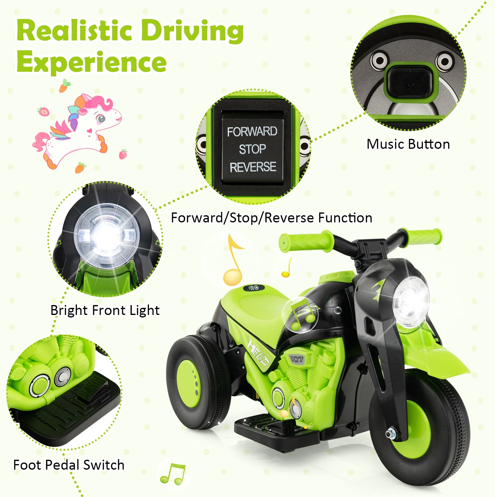 Costway 6V Kids Bubble Car Electric Ride on Motorcycle with Music Button & LED Headlight Green