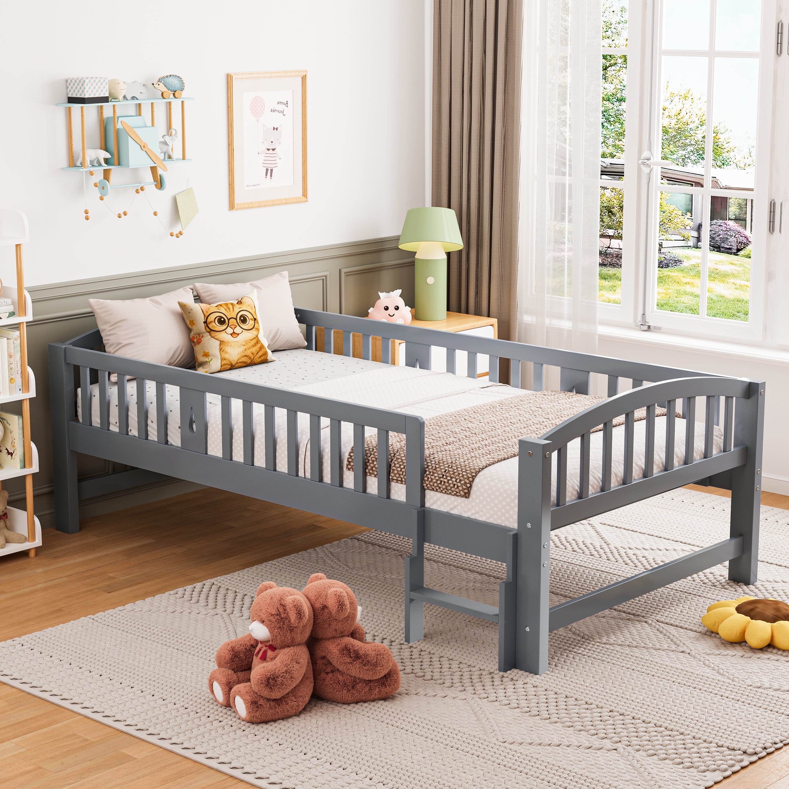 Sesslife Twin Platform Bed Frame, Solid Wood Montessori Toddler Bed Frame with Safety Guardrails and Ladder for Kids, Low Profile Twin Floor Bed with Slats, No Box Spring Needed, 400 lbs, Grey