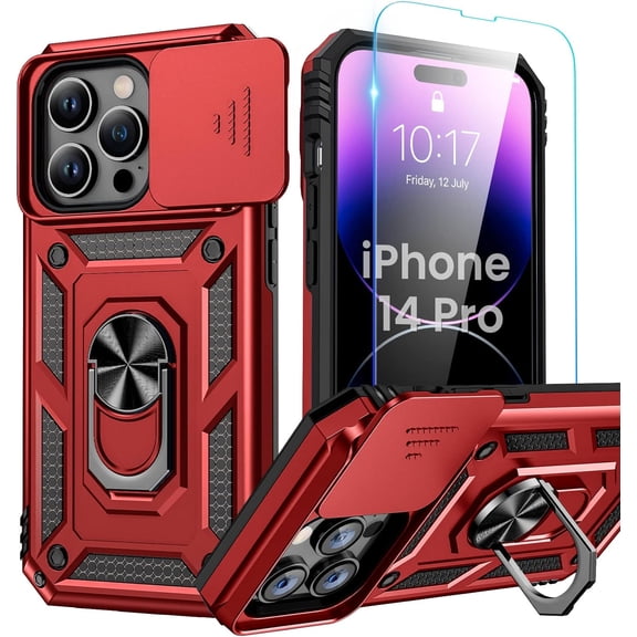 for iPhone 14 Pro Case with Screen Protector - Slide Camera Cover Phone Case with Ring Stand, Heavy Duty Military Grade Shockproof Rugged Bumper for iPhone 14 Pro Accessories Red