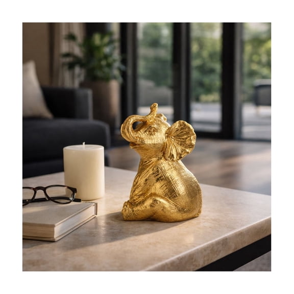 Sitting Elephant Figurine for Home Decor - Resin Sculpture for Bathroom, Office, Living Room or Shelf Display - Modern Boho Style Ornament for Coffee Table Styling and Room Decor - 7", Gold