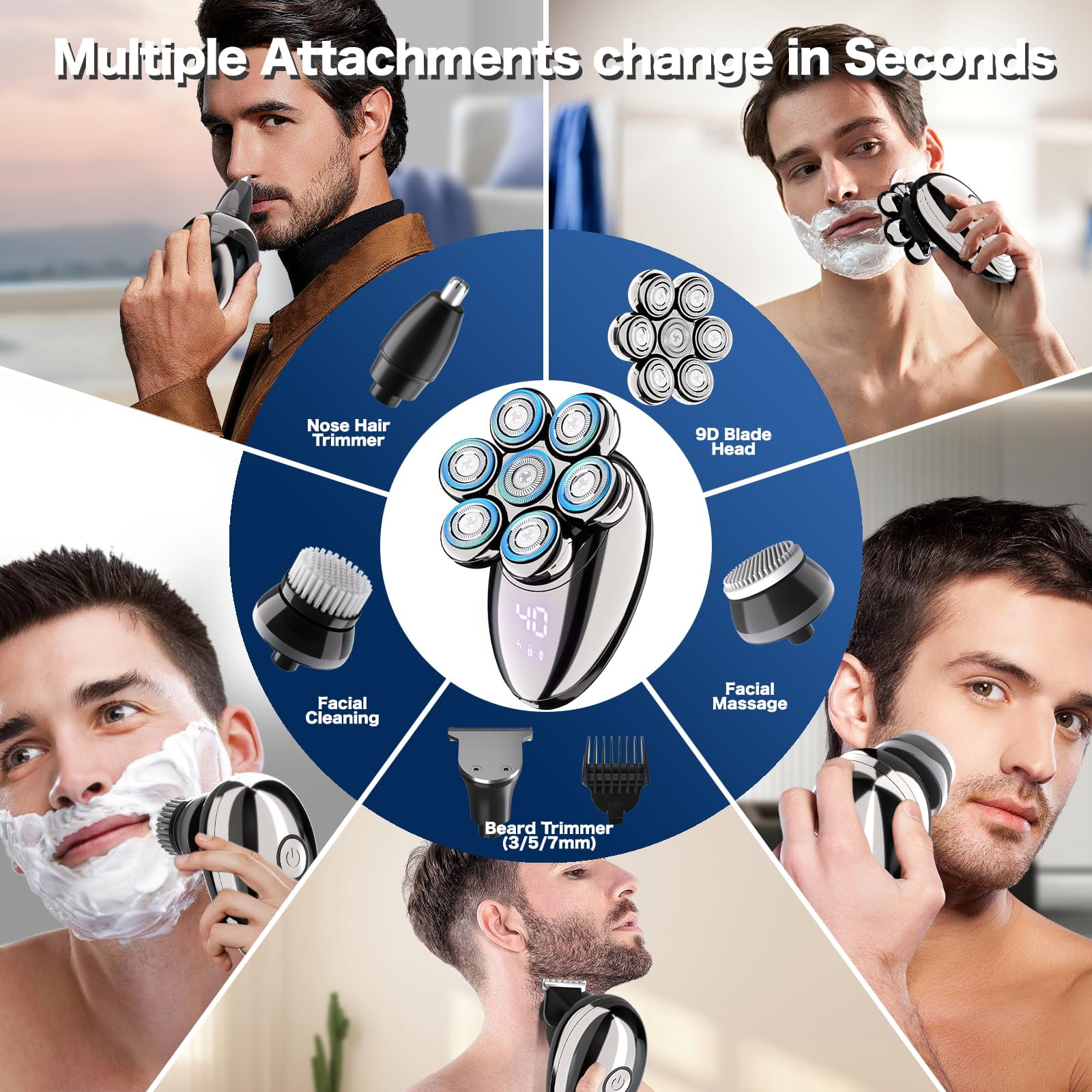 delpattern Head Shavers for Bald Men, Magnetic Electric Razor, 7D Rotary Shaver 5 in 1 Grooming Kit, IPX7 Waterproof, Wet/Dry, LED Display, Rechargeable, Cordless
