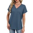 thumbnail image 2 of Womens Short Sleeve Sweater Waffle Knit Tops V Neck Spring Summer T Shirts Casual Blouses Outfits Blue L, 2 of 8