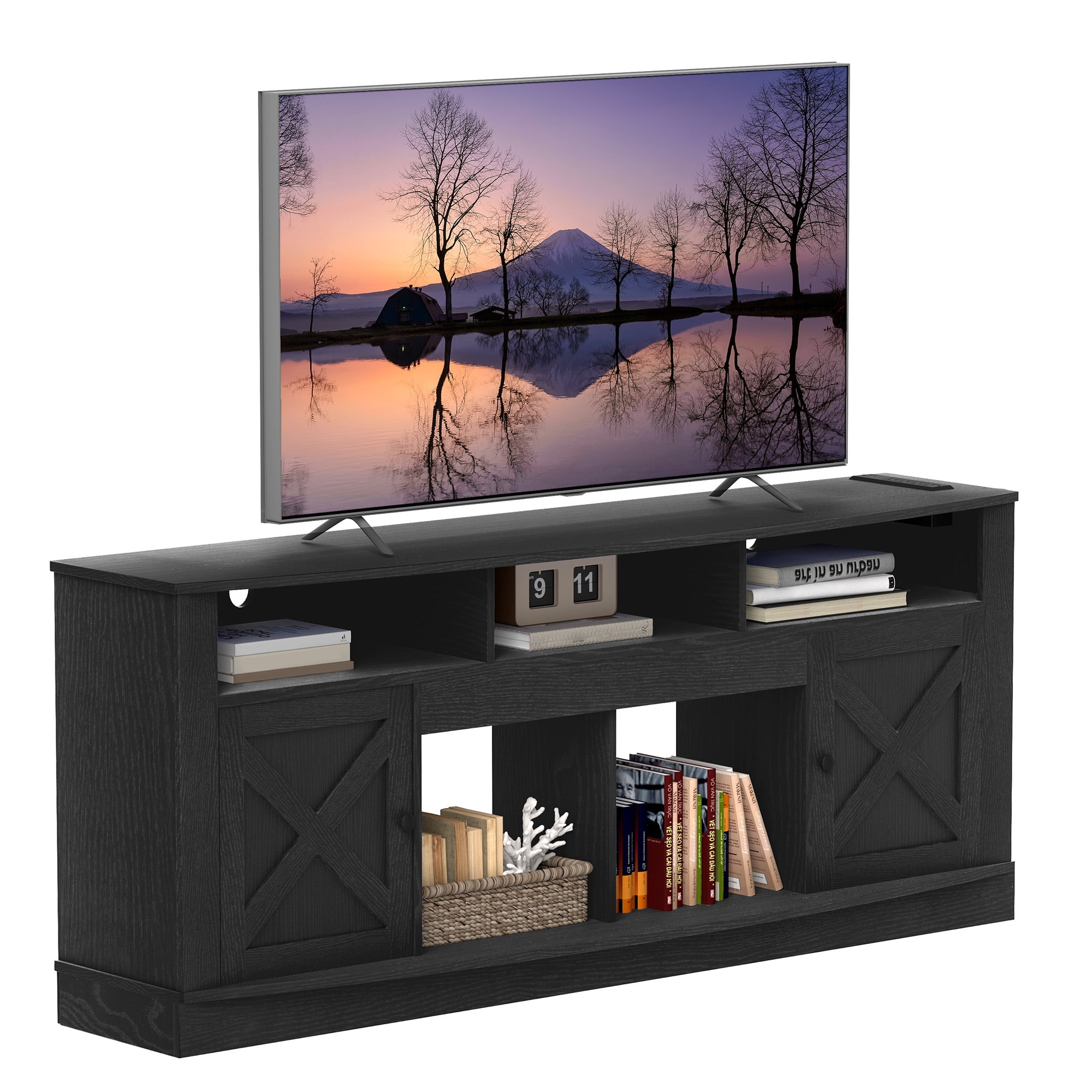 Dextrus 70 Inch Black Farmhouse TV Stand, Suitable for TVs Up to 80 Inches, Entertainment Center with Power Outlet, Barn Doors, and Storage Cabinets
