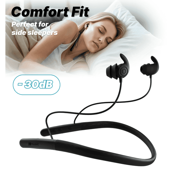 Hmusic HS88 Wireless Sleep Earbuds–Gummy Snail Earbuds with Ultra-Soft Flexible Silicone Neckband, for Side Sleepers, Sensitive Ears, Insomniac, Black