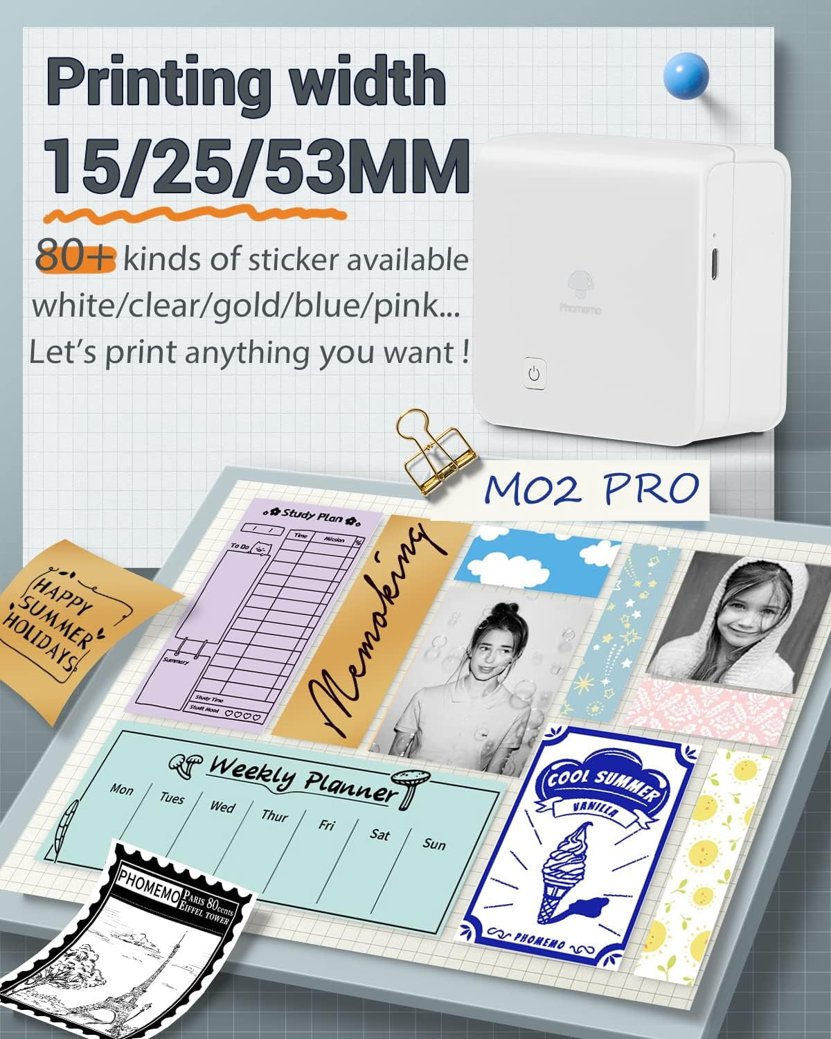 Phomemo M02 Pro Portable Bluetooth Thermal Sticker Printer for Photo Printing, Study Notes, DIY Cards, and Creative Projects(White)