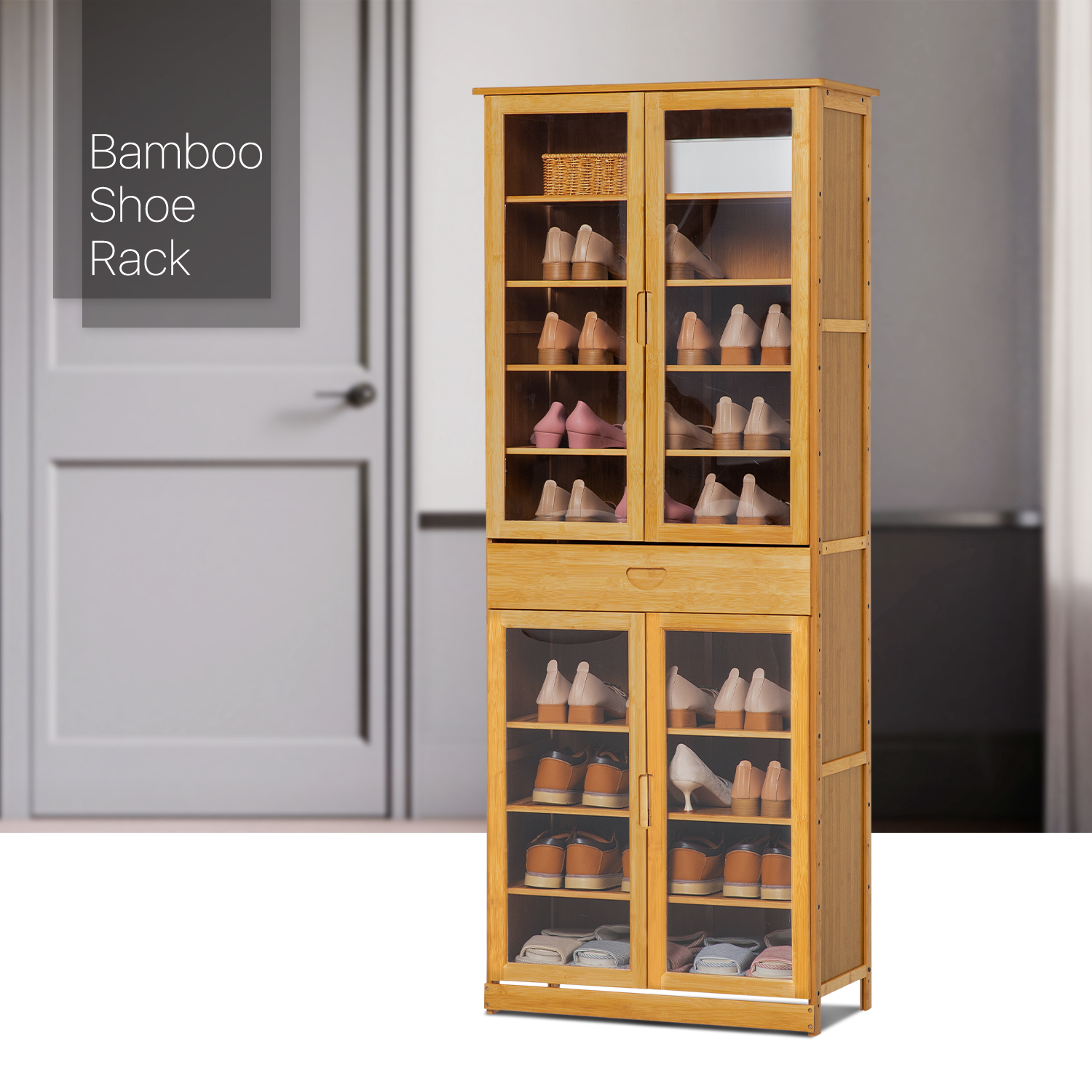 MoNiBloom Bamboo 10 Tiers 1 Drawer Tall Shoe Cabinet, 36 Pairs Sneakers Storage Shelf, Natural, for Entryway - image 3 of 11