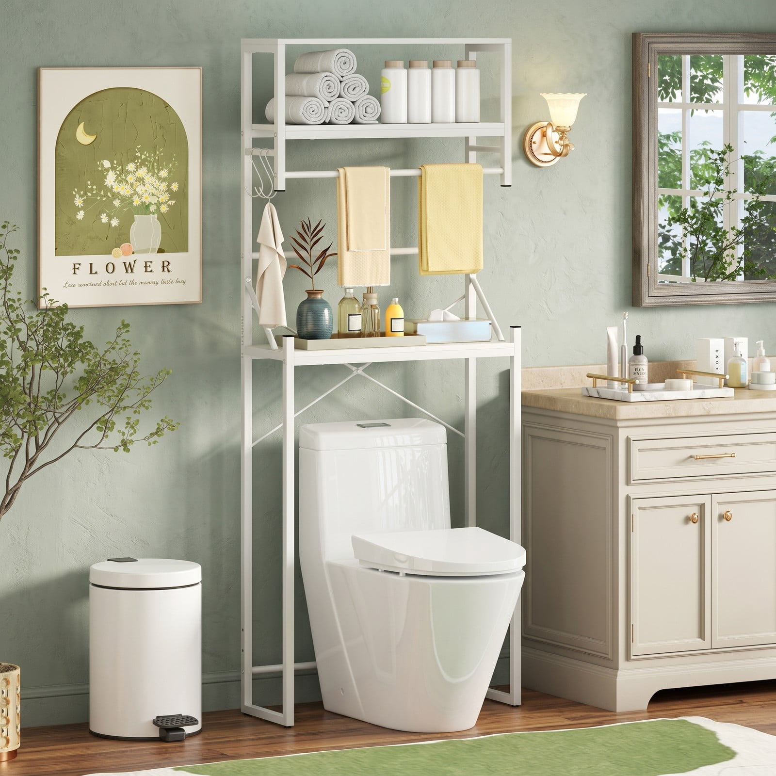 ALPULON Over the Toilet Storage Rack with Open Shelves and Towel Bar for Small Bathroom and Laundry Room Organization, White