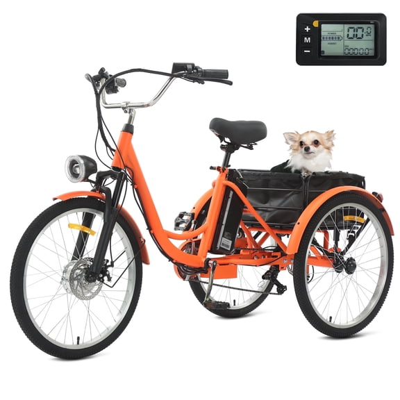 Walsport Electric Tricycle for Adults,5 Speed 3 Wheel Electric Bicycle with 36V 13Ah Lithium Battery UL Certified,26" Electric Tricycle for Adults with Rear Basket(Orange)