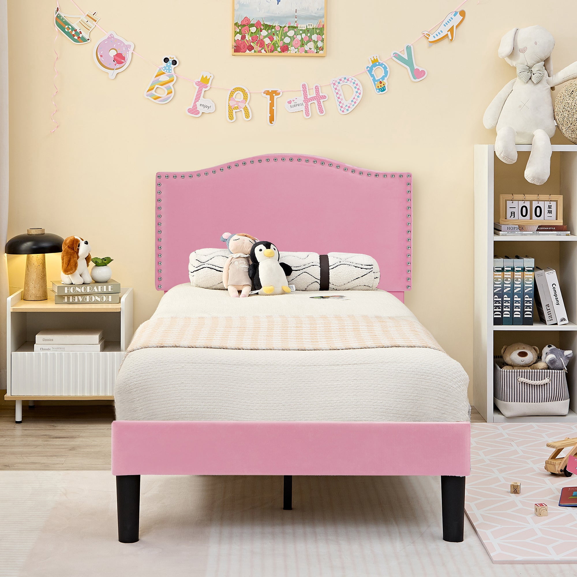 VECELO Twin Bed Frame, Nailhead Trim Upholstered Platform Bed with Adjustable Headboard, Wooden Slats Support/No Box Spring Needed, Pink