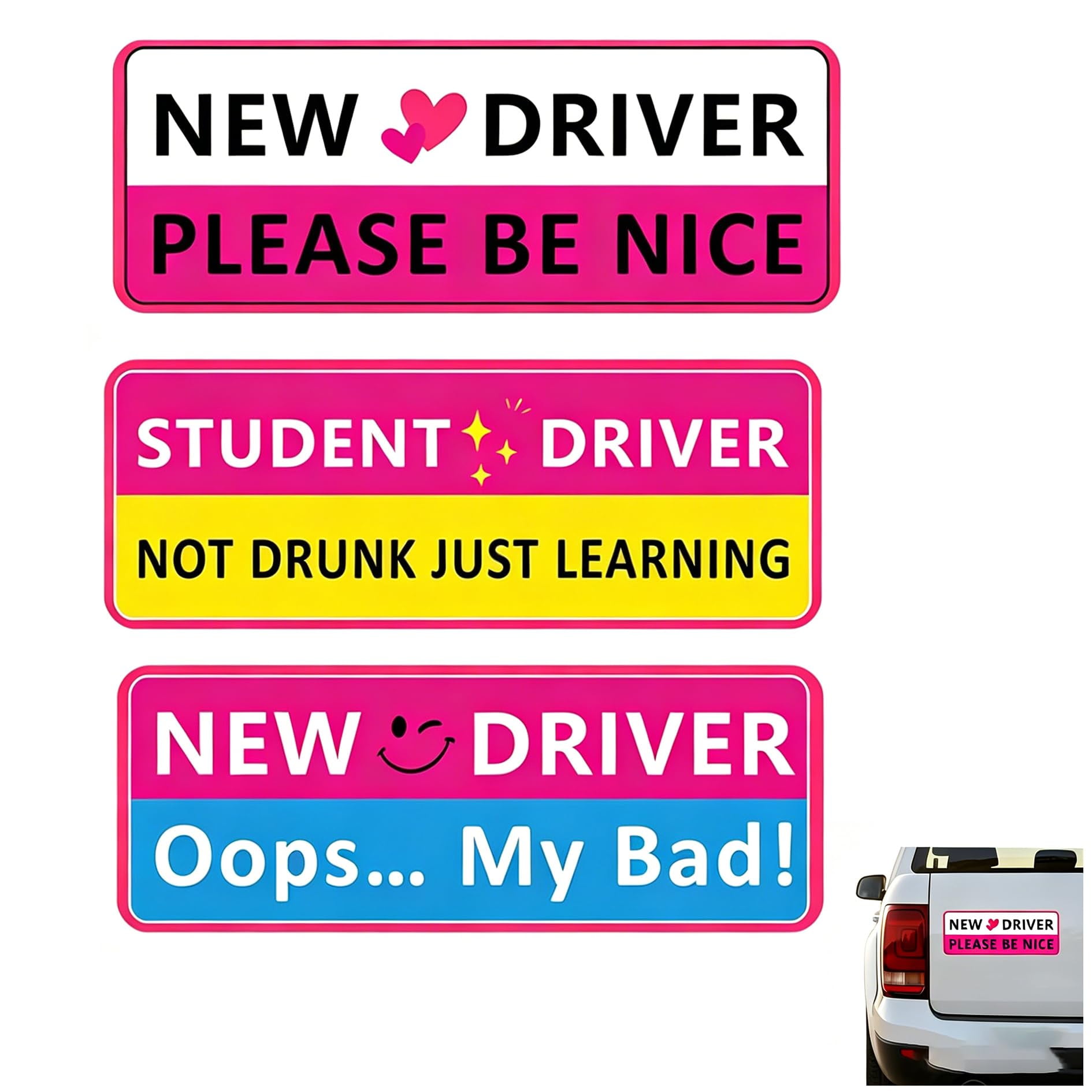 3‑Pack Funny New Driver Car Magnets, Humorous Student Driver Warning Magnetic Signs, Removable Safety Vehicle Decals for Beginner Drivers