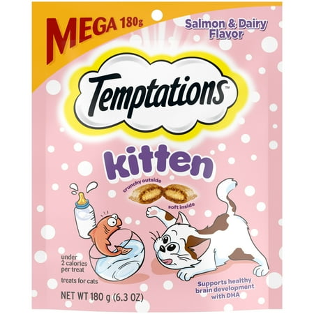 (BB:04/2025) (Case of 10 pack) Temptations Kitten Salmon And Dairy Flavor Crunchy And Soft Treats For Kitten  6.3 Oz Pouch