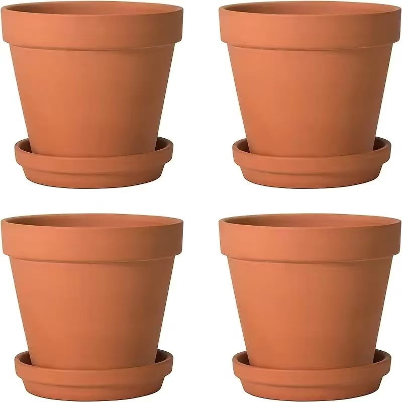 4pcs Terracotta Pots 4 Inch (4 Pack), Clay Pots for Plants with Drainage Hole and Saucer, Flower Pot with Tray, Large Terracotta Pot for Indoor Outdoor Plant