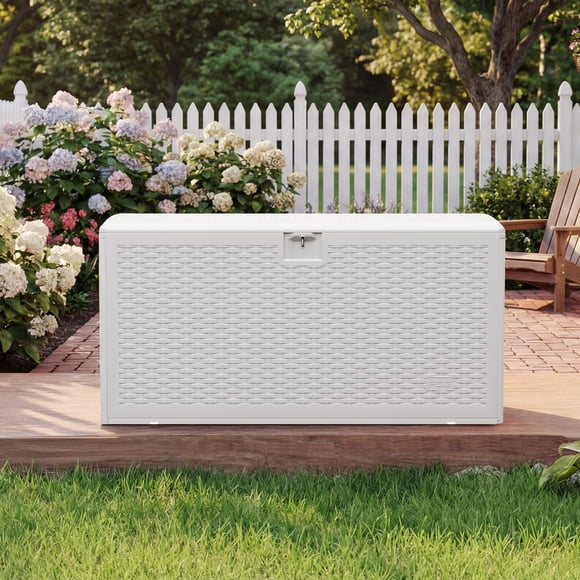 73 Gallon Large Resin Deck Storage Box, Weatherproof & Lockable Outdoor Organizer with Woven Strap Design for Patio, Garden and Pool Supplies