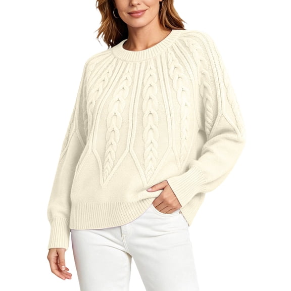 ClodeEU Women's Crewneck Cable Knit Sweater,Loose Puff Long Sleeve Cropped Pullover Jumper ,Women's Plus L