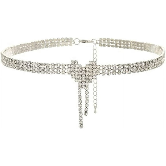 Jinsinto Rhinestone Choker Necklace Silver Heart Pendant Necklaces Tassel Chokers Necklace Chain Party Wedding Costume Jewelry Accessories for Women and Girls