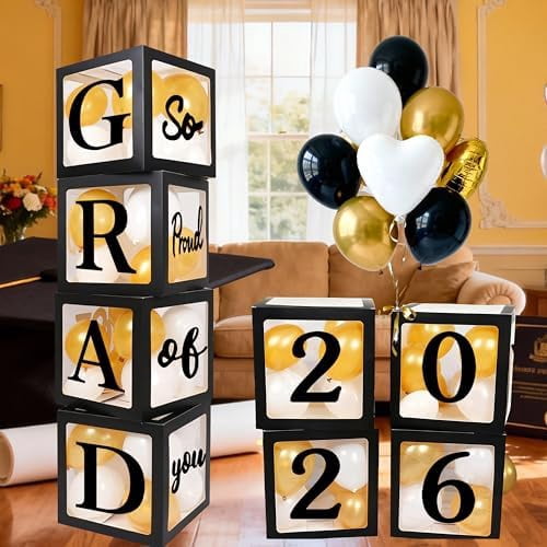 Graduation Decorations 2026 Black and Gold - 4 Balloon Boxes with Letters, Large Class of 2026 Backdrop Banner, 70pcs Balloon Garland Arch Kit - High School College Grad Photo Booth Props