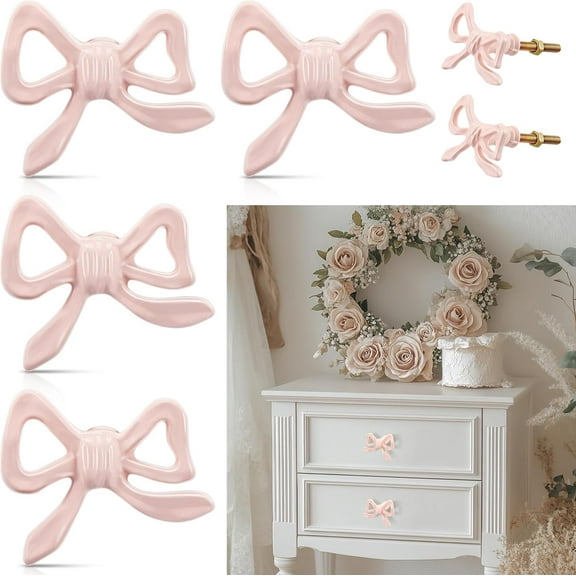 4 Pcs Pink Bow Knobs for Dresser,Pink Bow Drawer Knobs, Coquette Dresser Handles, Decorative Handles for Home Bedroom Hardware Cabinets Kitchen Glass Door Wardrobe