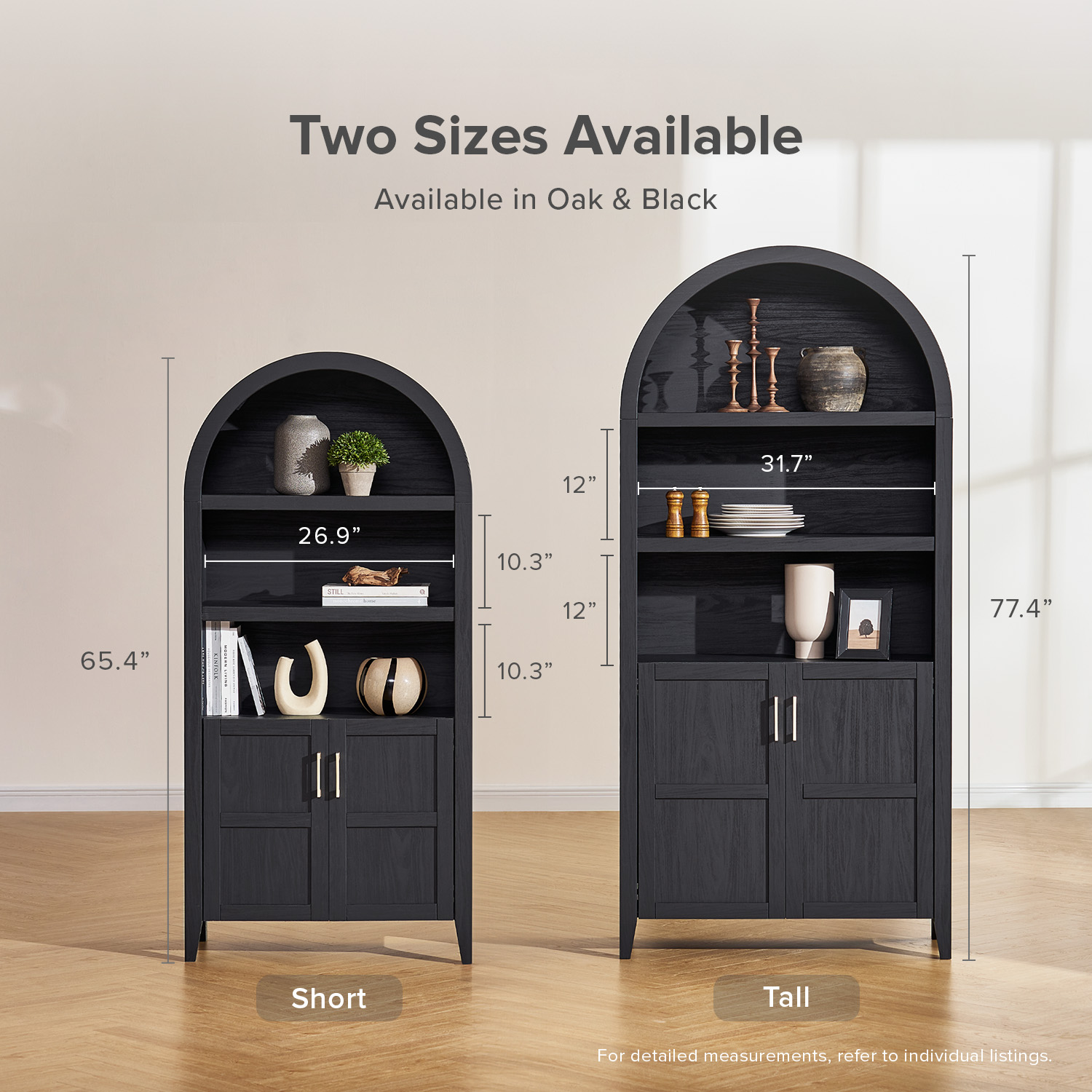 mopio Lauren 77.4" Tall Arched Cabinet, 5-Tier Arched Bookcase with Doors and Adjustable Shelves, Arched Bookshelf with Storage, Kitchen Pantry Cabinet, Wooden Storage Cabinet for Living Room