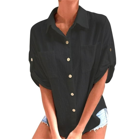 TODOZO Linen Button Down Shirt Women Casual Cotton Blouse Loose Fit Work Gauze Tops Ladies' Fashionable Casual Cotton and Linen Solid Color Button Pocket Fashionable Shirt Top