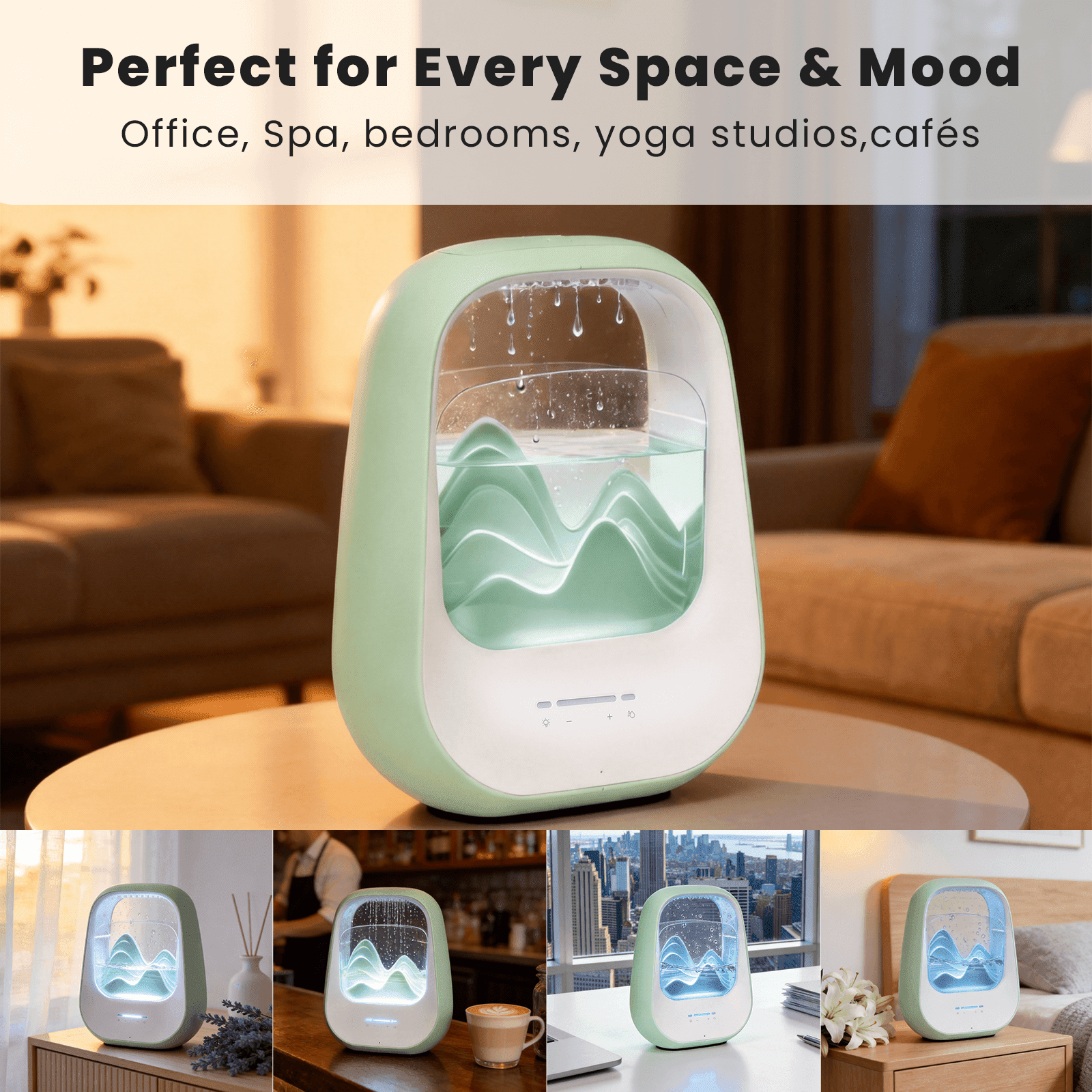 Rain Drop White Noise Machine with Humidifier, Bluetooth Speaker & Aroma Diffuser, 7-Color Mood Light and Nature Sounds for Bedroom, Office & Meditation, Mint Green