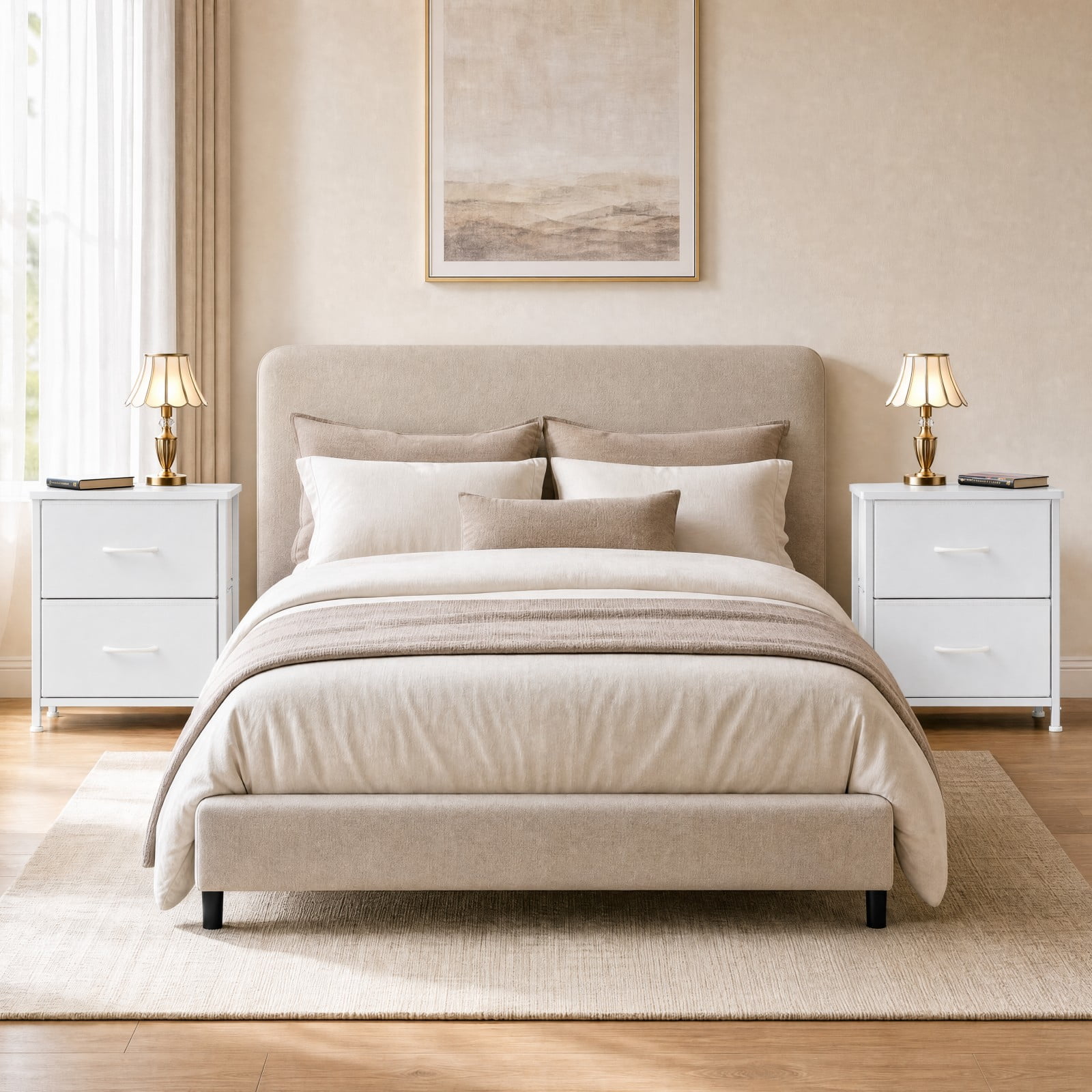 Telyra Nightstands Set of 2 20" Fabric Bedside Tables with 2-Drawer Wood Tops and Steel Frames Small Storage Organizers, White