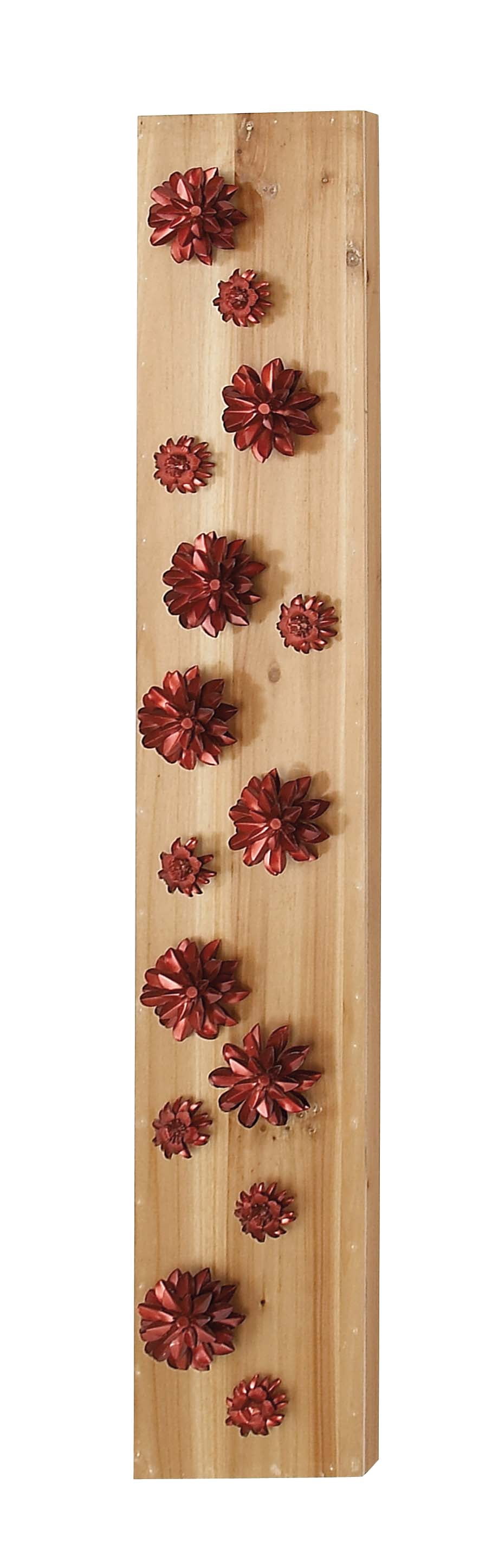 Decmode 55 X 9 Inch Natural Wood And Metal Red Petaled Flowers Rectangular Wall Decor, Metallic, Natural Wood