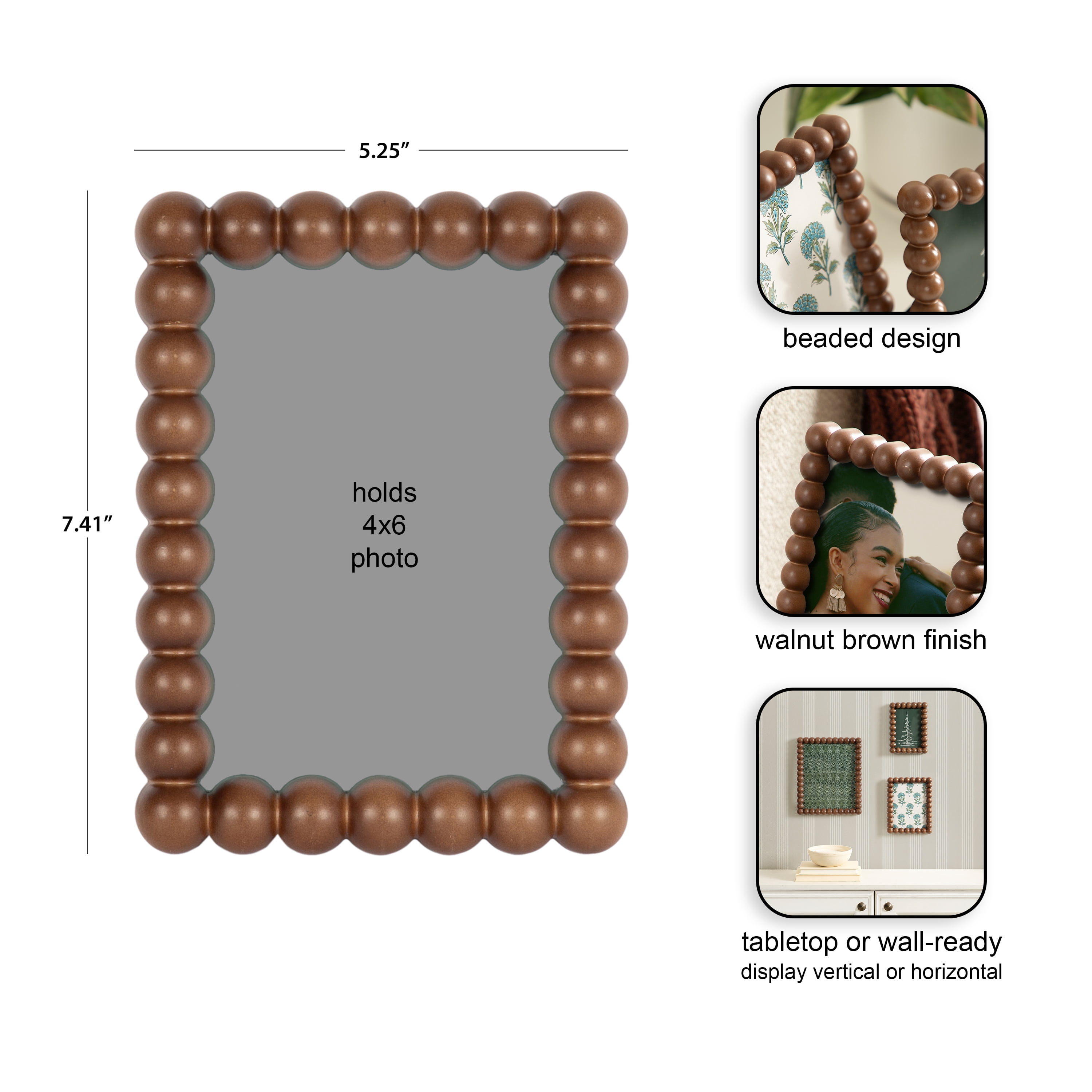 DesignOvation – 4x6 Picture Frame – Beaded Medium Walnut Tabletop Photo Frame