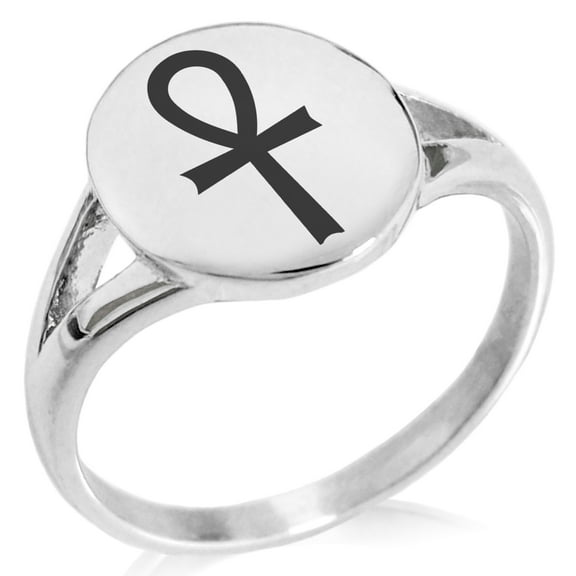 Stainless Steel Egyptian Ankh Cross Minimalist Oval Top Polished Statement Signet Ring