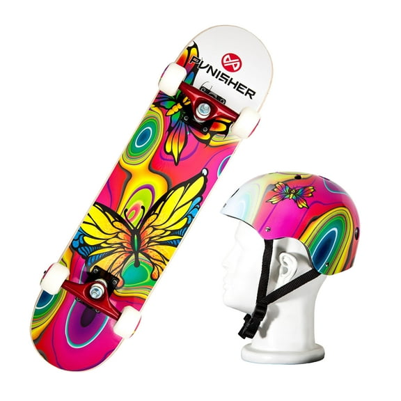 Punisher Butterfly Jive Skateboard & Helmet Combo - Canadian Maple Skateboard, Durable Helmet