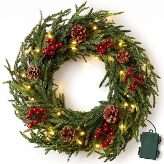 Ayieyill Christmas Wreath, 24 Inch Pre-Lit Norfolk Pine Artificial Wreath in Green, for Front Door, Indoor Outdoor Holiday Decorations