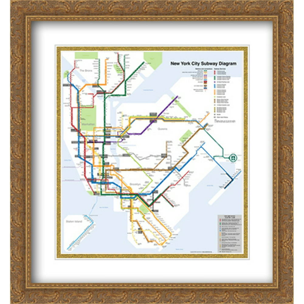 New York City Subway Map 2x Matted 28x30 Large Gold Ornate Framed Art Print by The Cityscape Art
