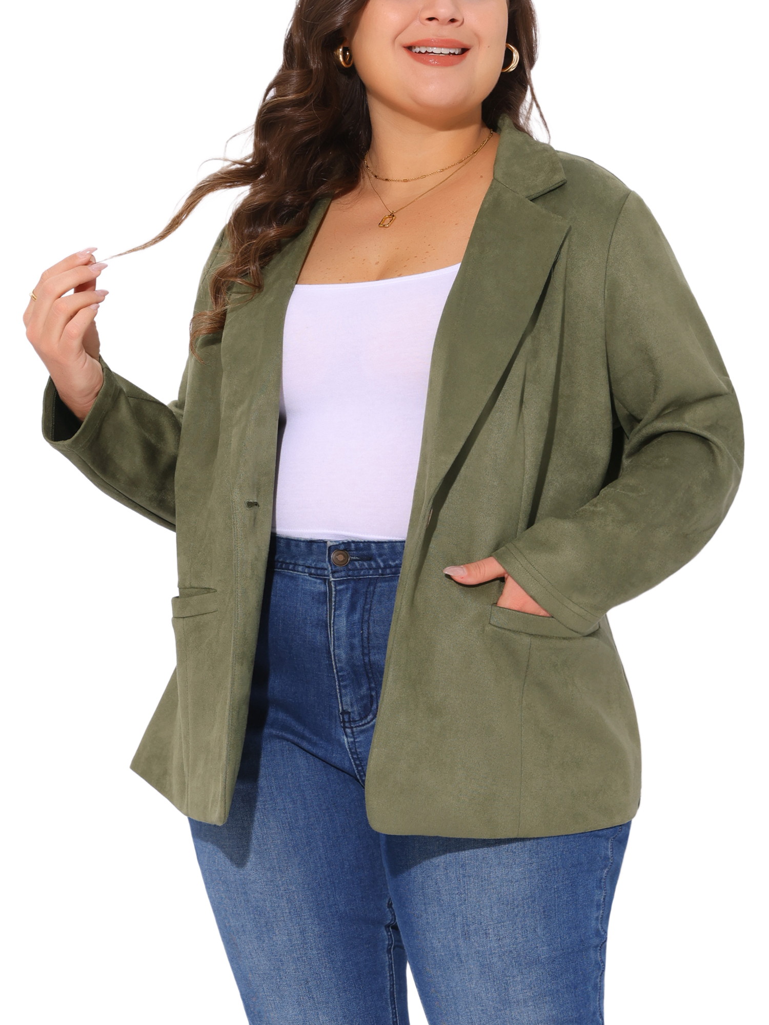 DARING DIVA Women's Plus Size Lapel Collar Button Front Long Sleeve Blazer 3X Army Green