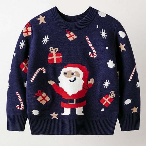 Tfken Christmas Toddler Boys Sweater Long Sleeve Cartoon Print Pullover Warm Comfortable Sweater Navy Size 1-2 Years