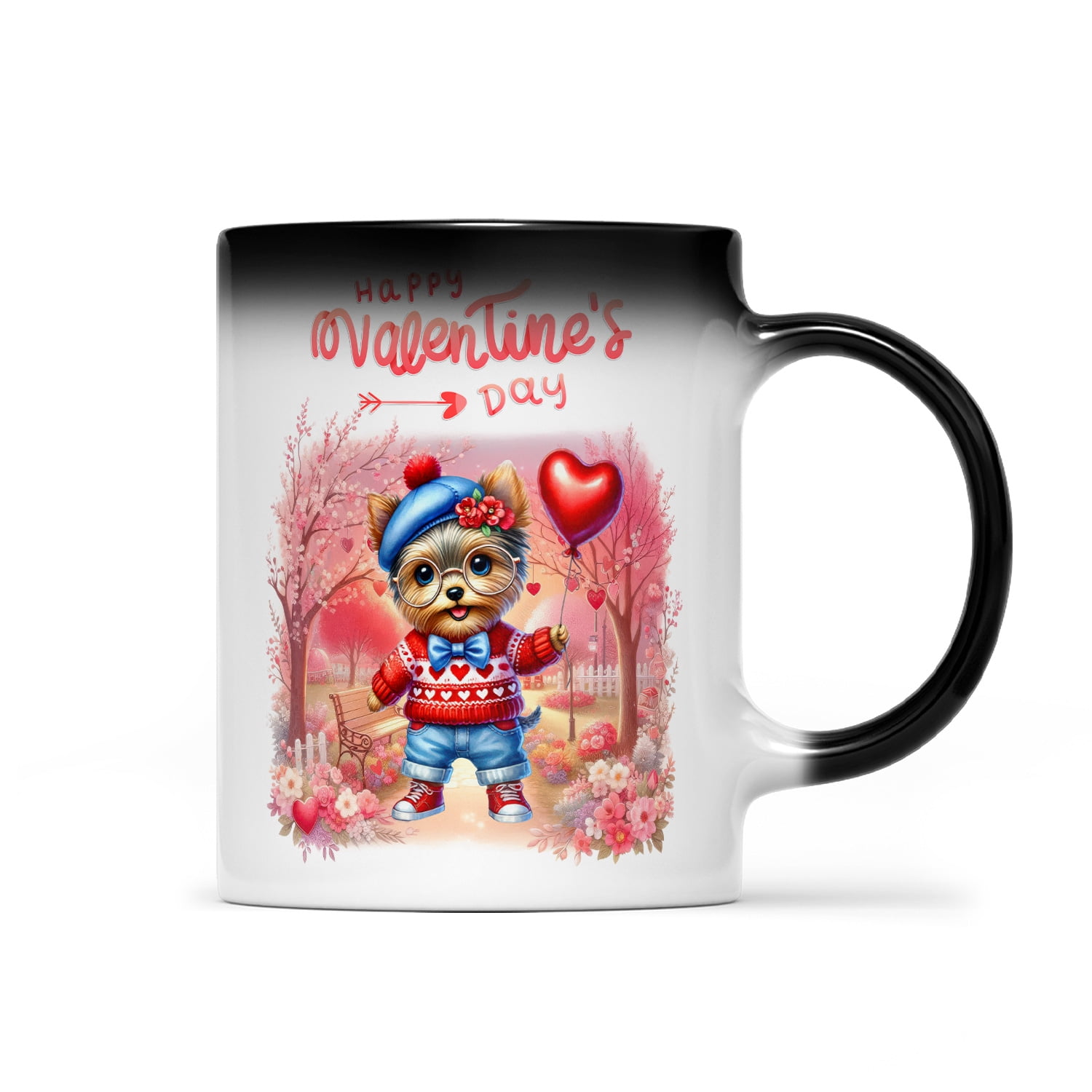 Happy Valentine’s Day Adorable Yorkshire Terrier Puppy Holding Heart Balloon Heat Color Changing Mug Yorkie Dog Lover Gifts Magic Coffee Mug - 00030
