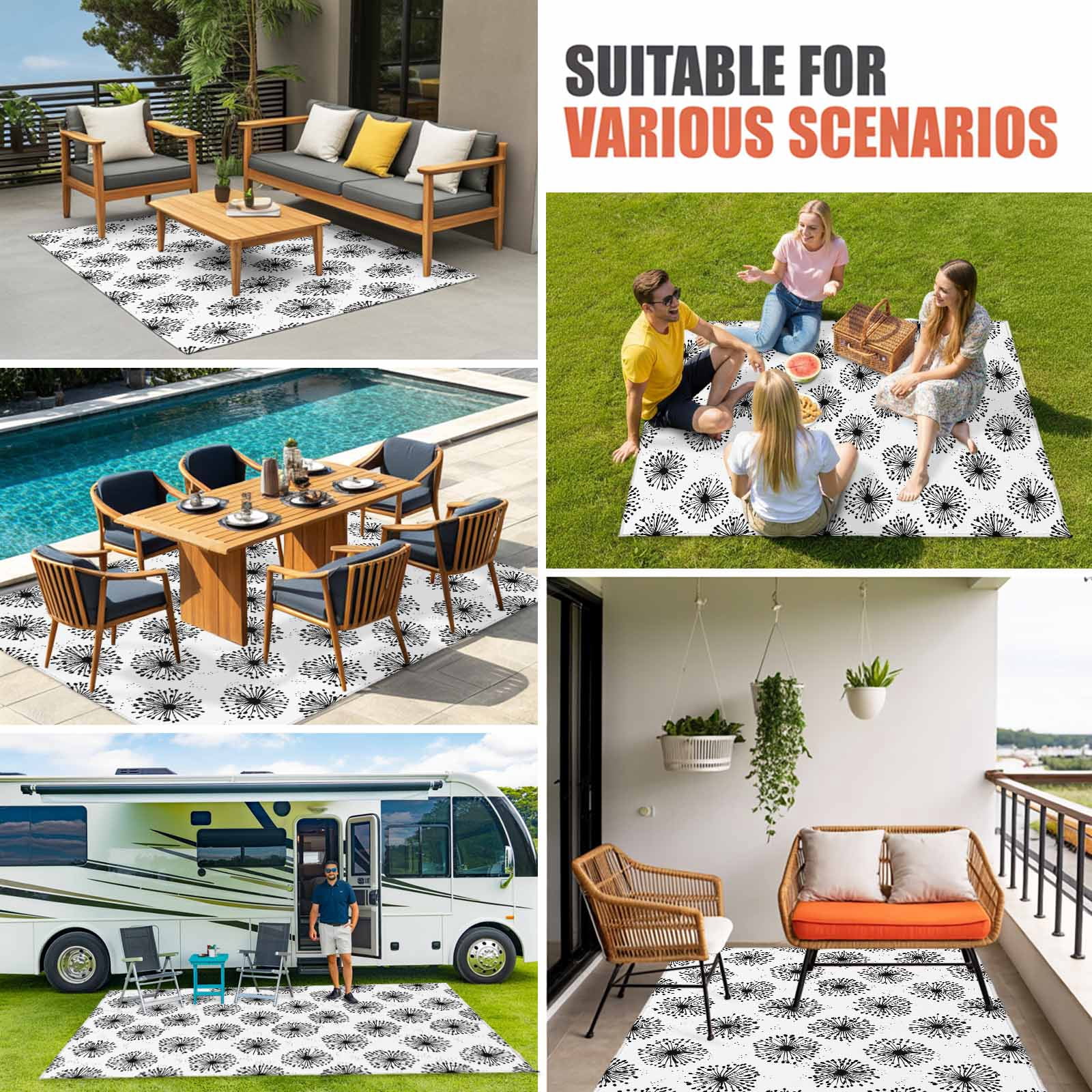 Outdoor Rug 3x5 ft White Dandelion Outdoor Large Area Rug Non Slip Rubber Pastoral Plant Front Door Mat RV Rug Camping Carpet Patio Outdoor Rugs for Backyard Balcony Deck Porch Indoor