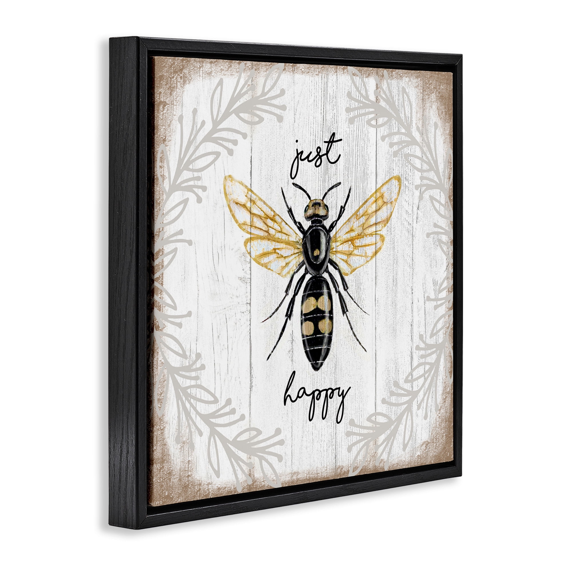 Stupell Industries Just Be Happy Charming Bee Animals & Insects Painting Black Floater Framed Canvas Art Print Wall Art, 25 x 25