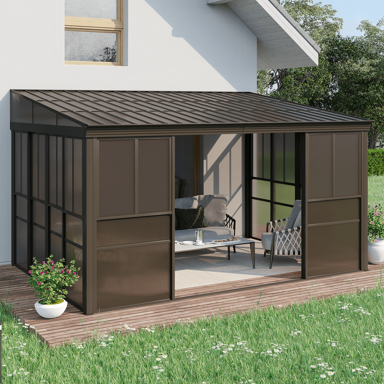 Erinnyees 10' x 14' Solarium Sunroom, All-Season Lean to Gazebo with Thickened PC Screen, Galvanized Steel Roof and Removable Door