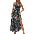 thumbnail image 2 of Wycnly Summer Dresses for Women Dresses for Women 2025 Beach Boho Elastic Waist Pleated Slit Swing Spaghetti Strap Long Dress Ladies Elegant Floral Print V-Neck Sleeveless Maxi Sun Dress, 2 of 6