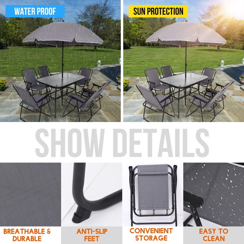 8-Piece Outdoor Patio Dining Set with Umbrella, Garden Outdoor Furniture Table Set, Glass Table and 6 Folding Chairs
