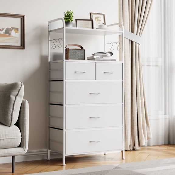 Sunvasagoo 5-Drawer Fabric Dresser with Metal Frame, Storage Organizer Chest with Wood Top for Bedroom, Hallway, Closet