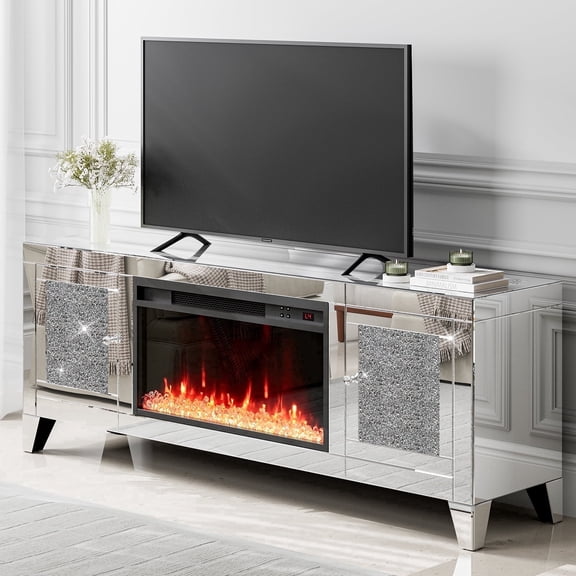 SIKHST Modern Mirrored TV Stand with Fireplace & LED Lights for 65 Inch TVs, Stylish Media Console for Living Room Bedroom