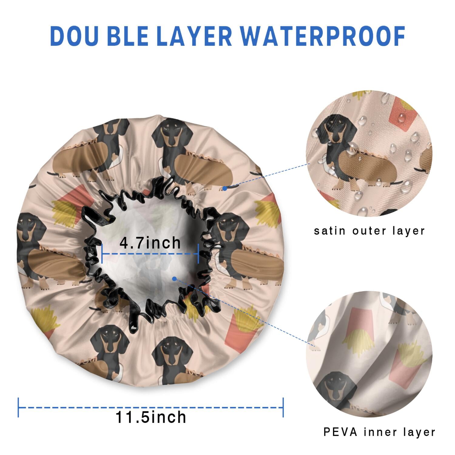Shower Caps,Dachshund Hotdog Fries Waterproof Shower Cap for Women 4 Pieces,Double Reusable Hair Cover for Shower PEVA Elastic Stretch Hem