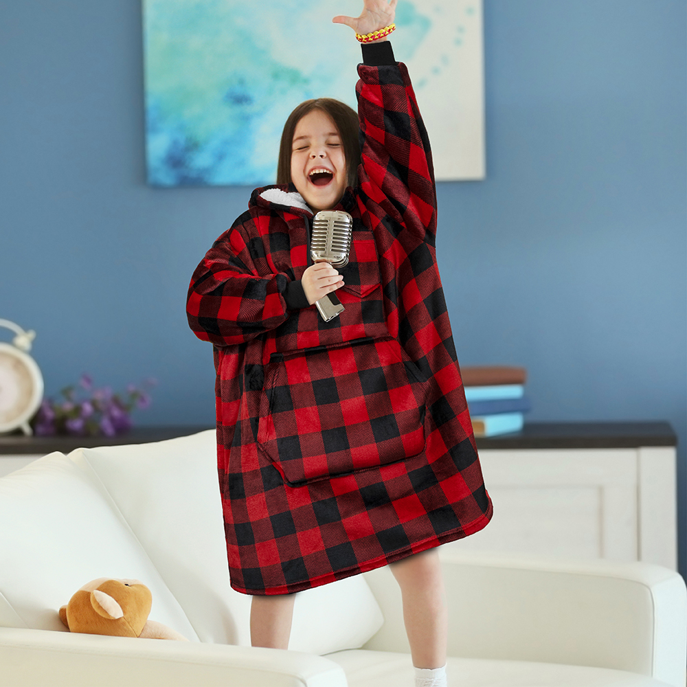 PAVILIA Wearable Blanket Sweatshirt for Kids Boy Girl Checker Black Red, Warm Cozy Giant Blanket Hoodie, Fleece Sherpa Oversized Blanket Sweatshirt with Sleeves, Big Pocket, Christmas Gift