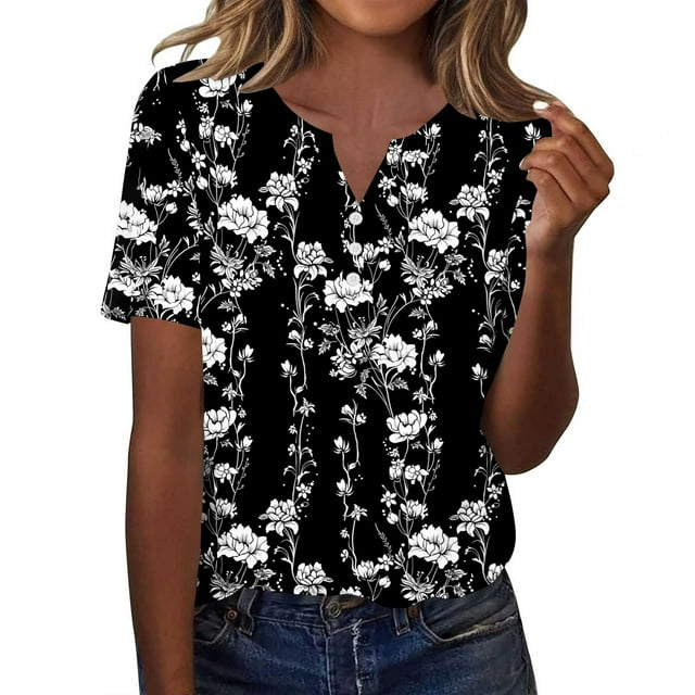 Tops de Manga Corta de las Mujeres Impreso Cuello en V, Suelto Casual Top para el Hogar Y las Actividades Diarias