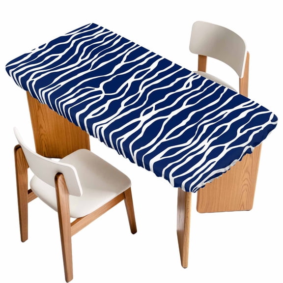 Vintage Wave Lines Table Cloths for 6 Foot Rectangle Tables, Classic Minimalist Striped Navy Blue Patio Waterproof Elastic Fitted Tablecloths, Washable Rectangular Table Cover for Camping