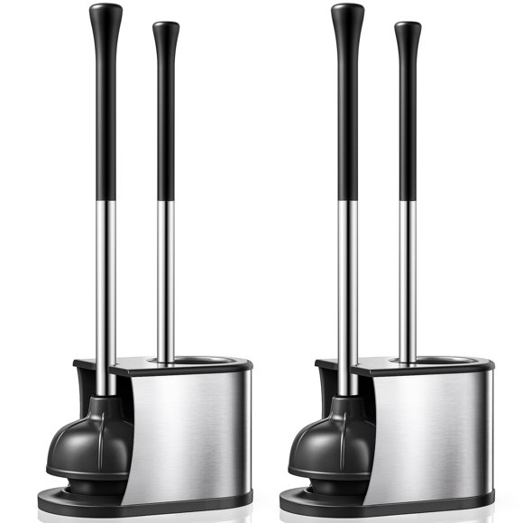 HAMITOR Toilet Plunger and Brush Set: 2 Pack 2 in 1 Stainless Steel Rustproof Combo with Curved Bristles - Heavy Duty Toilet Unclogging for Family Bathroom - Compact