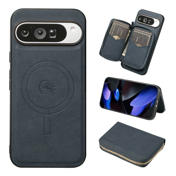 For Google Pixel 10 / 10 Pro Case,[Magnetic Detachable Flip Zipper Purse][Compatible with Mag-Safe] [With Card Slots] PU Leather Kickstand Shockproof Rugged Anti-fall Phone Case Cover,Blue