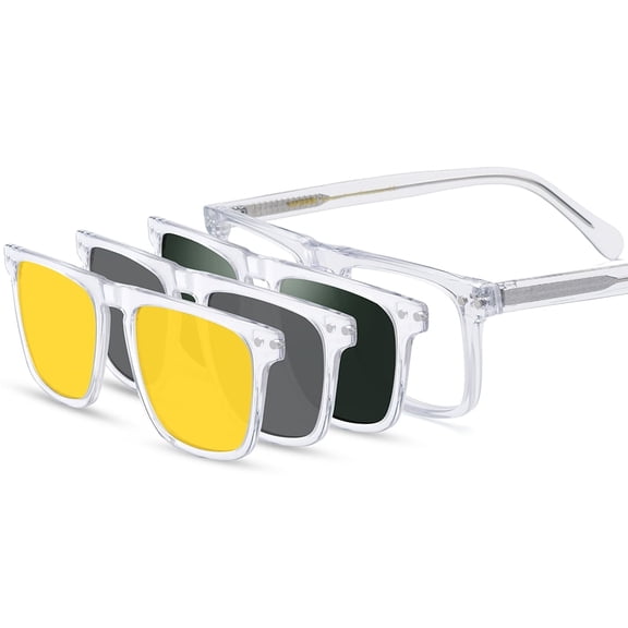 HEPIDEM Acetate Optical Glasses Frame Square Magnet Clip Eyeglasses with Polarized & Night Vision & 3D Lens ( 9348 Transparent )