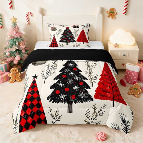 Manfei Christmas Tree Twin Comforter Sets Green Bedding Set, Slate Red 2-Pieces 1 Comforter and 1 Pillowcase, Black Reversible